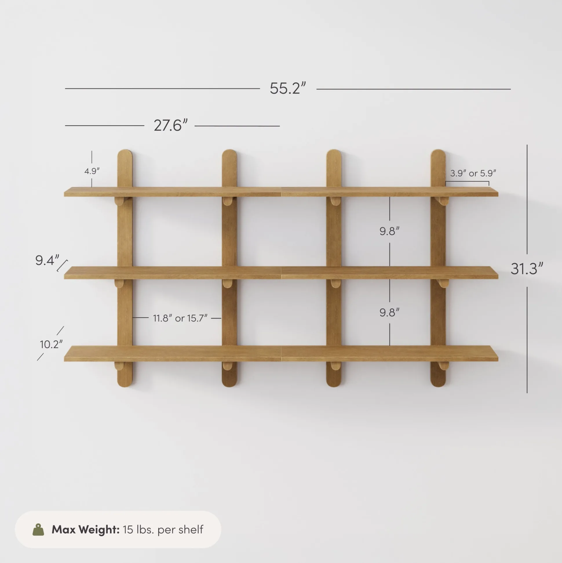 Wooden Mid Century Modern Modular Wall Shelving Light Brown (Set of 2)
