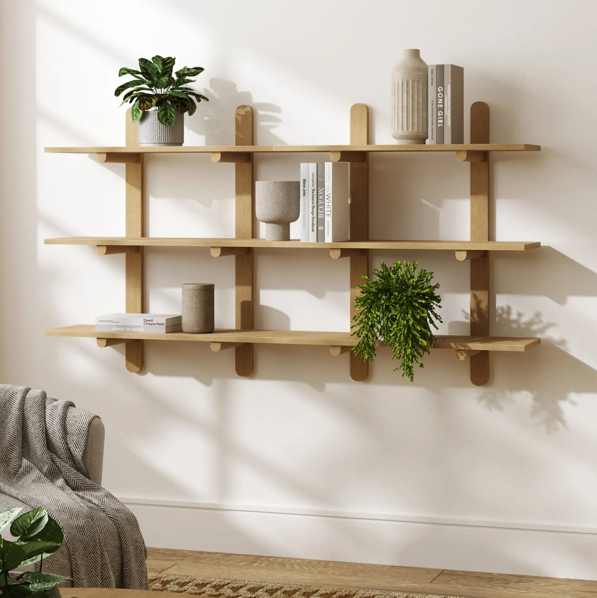Wooden Mid Century Modern Modular Wall Shelving Light Brown (Set of 2)