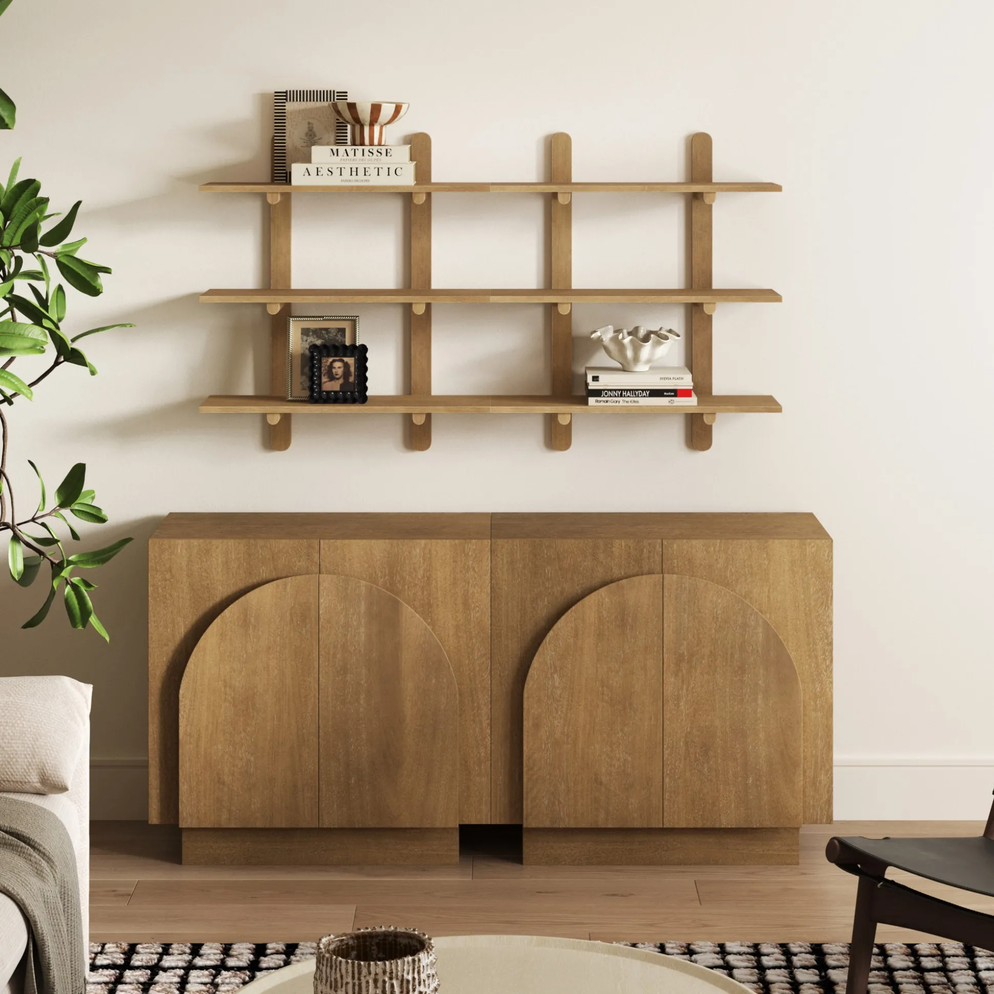 Wooden Mid Century Modern Modular Wall Shelving Light Brown (Set of 2)