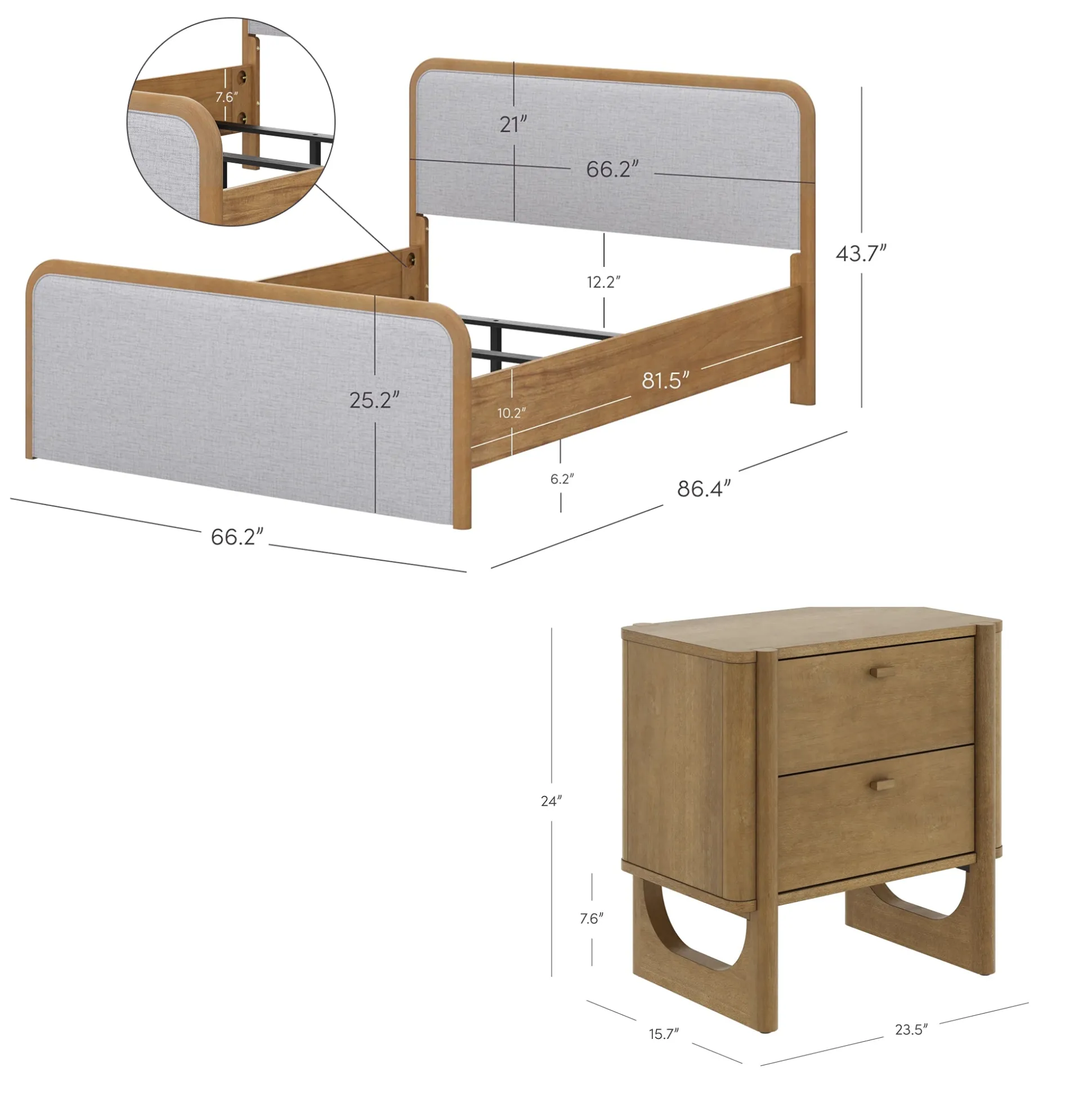 Wooden Queen Bed Frame with 2 Nightstands Set Gray/Light Brown