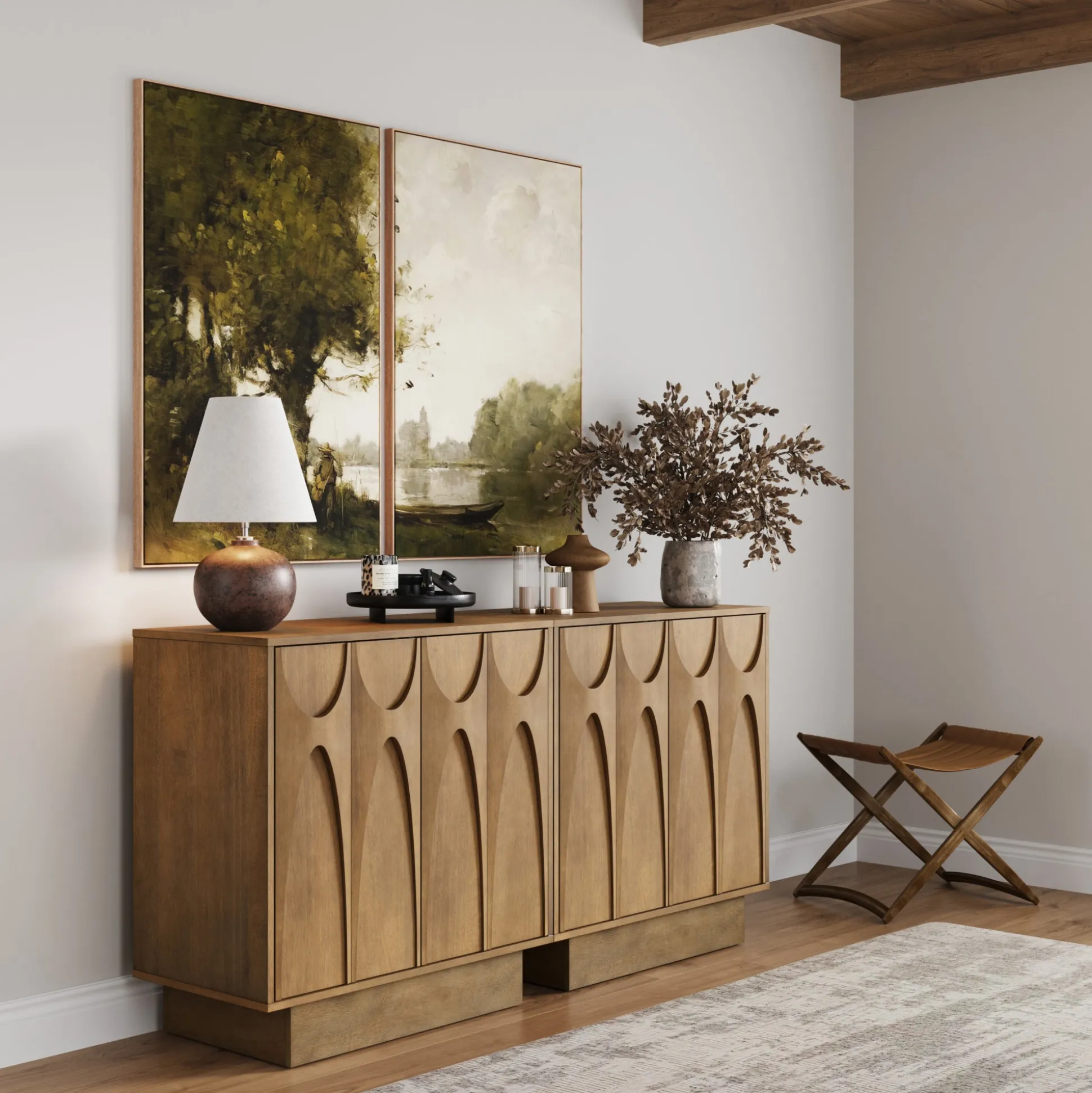Wooden TV Console with Antique Carved Doors for TVs up to 65" Light Brown