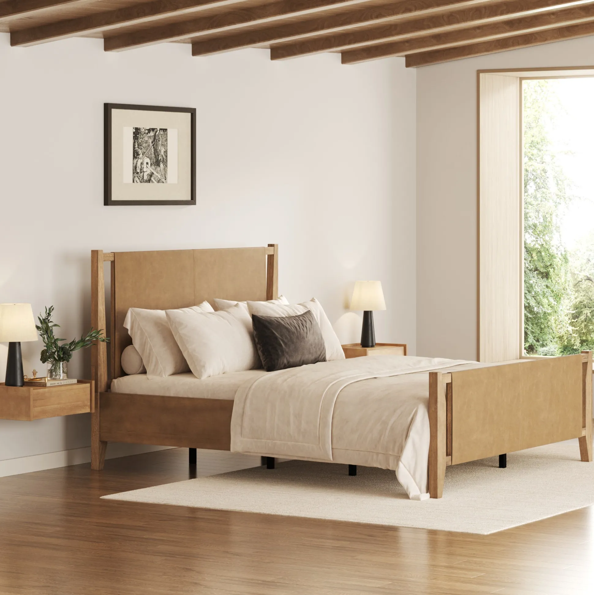 Wood & Faux Leather Bed Frame with Headboard Light Brown | Size Queen