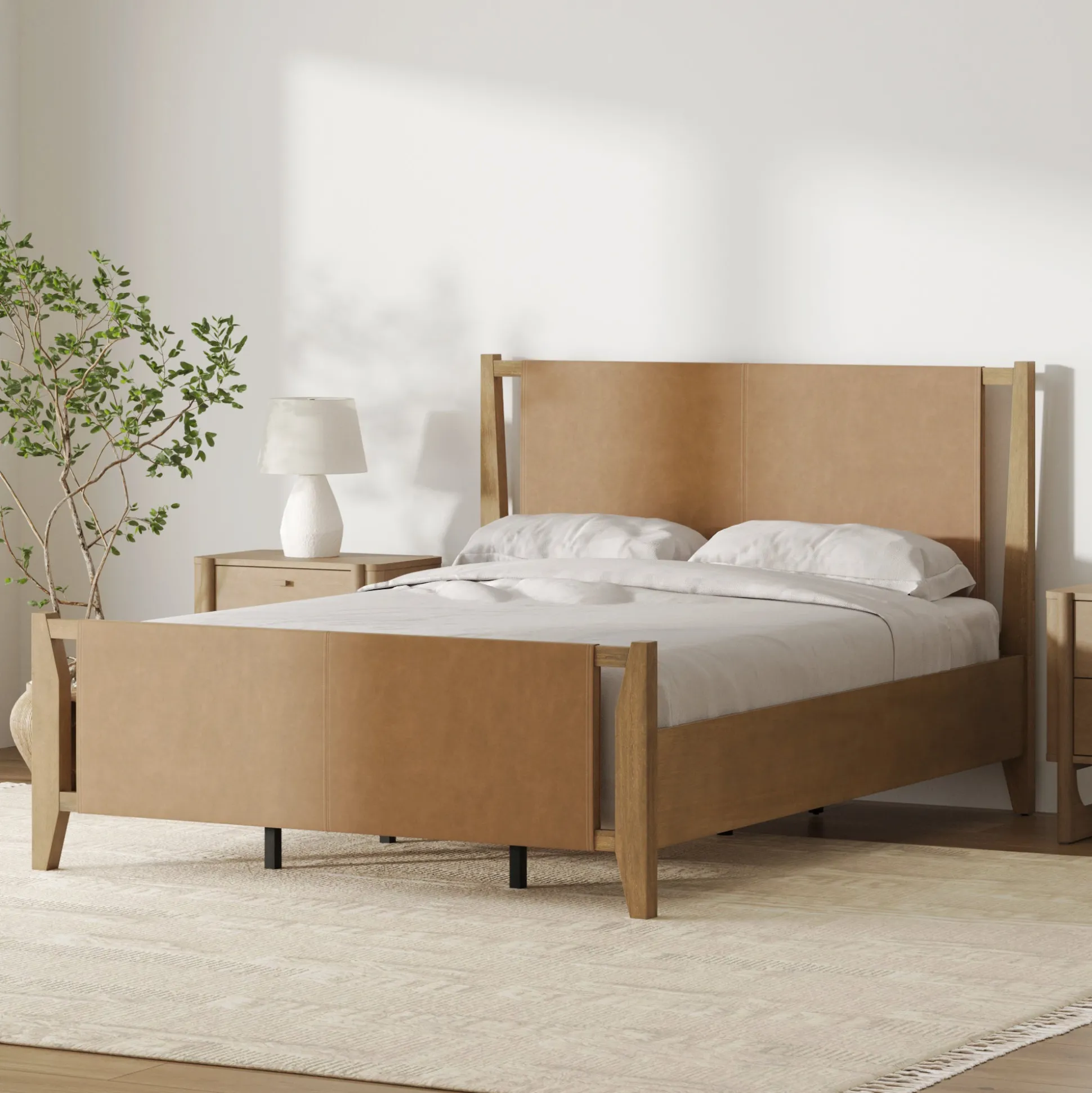 Wood & Faux Leather Bed Frame with Headboard Light Brown | Size Queen