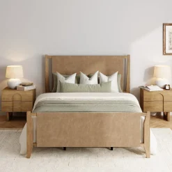 Wood & Faux Leather Bed Frame with Headboard Light Brown | Size Queen