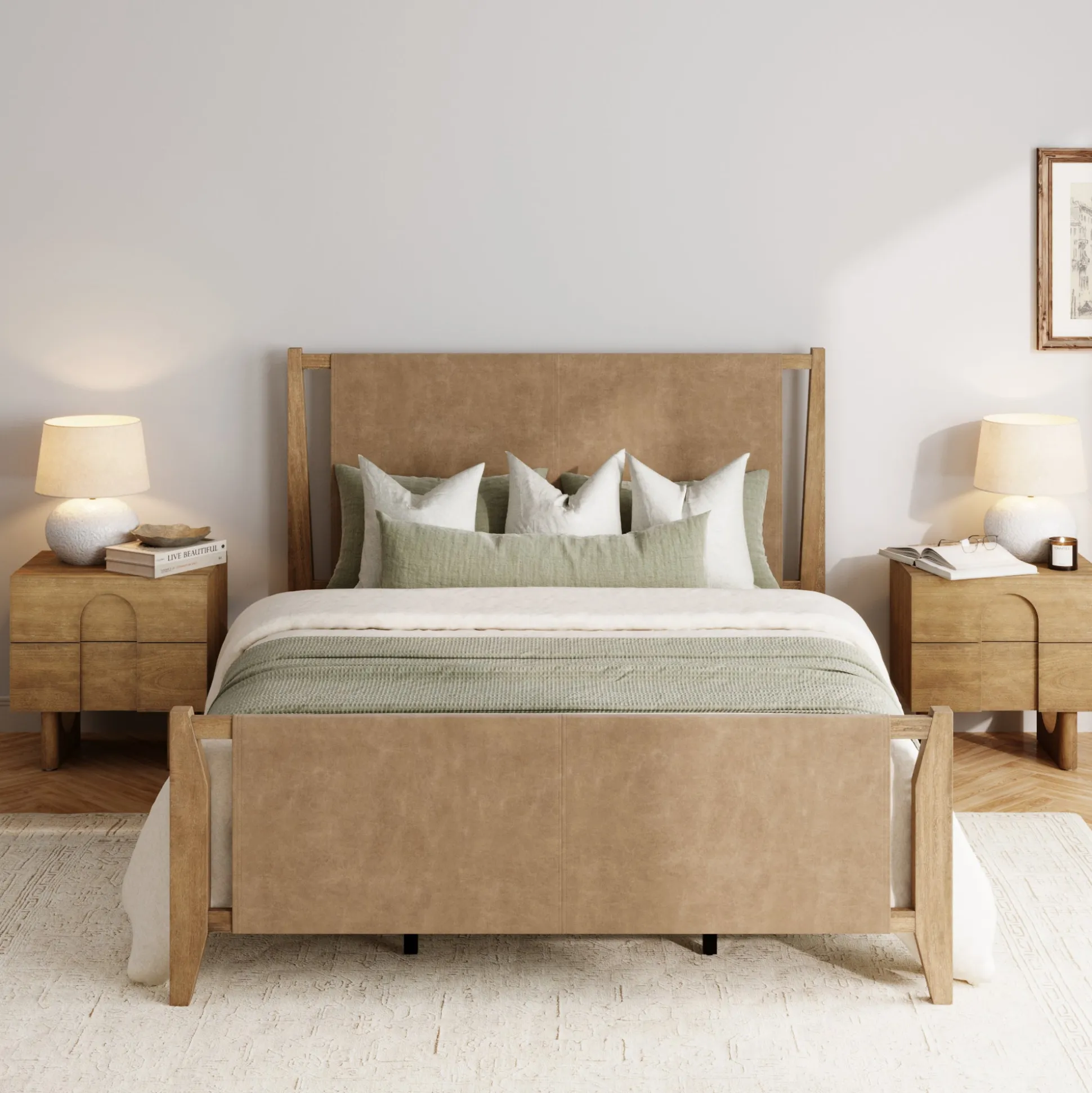 Wood & Faux Leather Bed Frame with Headboard Light Brown | Size Queen