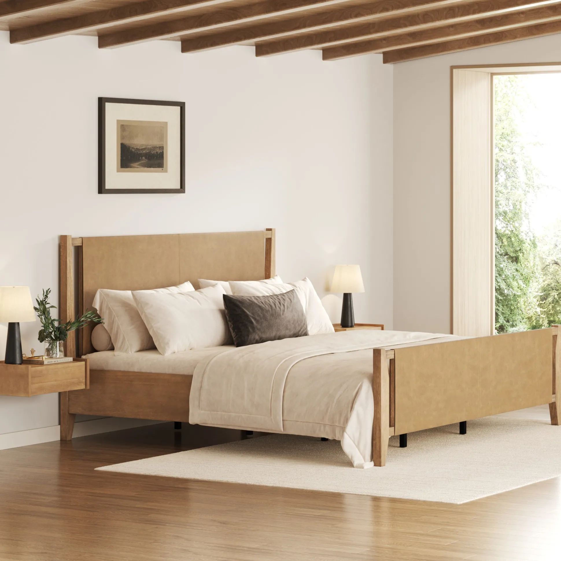 Wood & Faux Leather Bed Frame with Headboard Light Brown | Size King