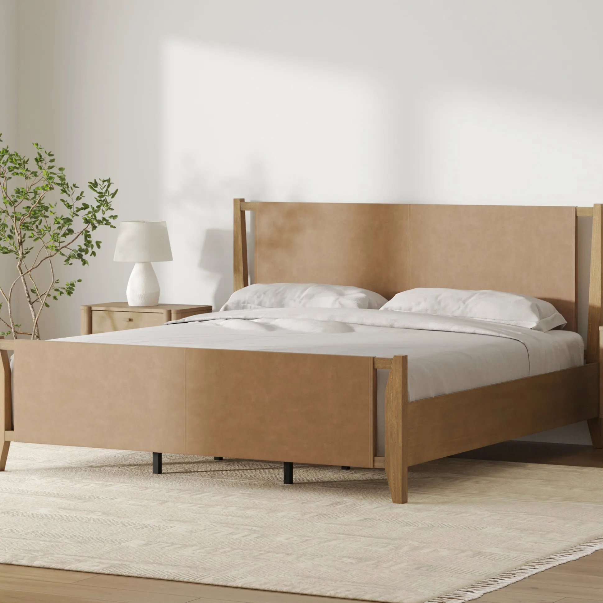 Wood & Faux Leather Bed Frame with Headboard Light Brown | Size King