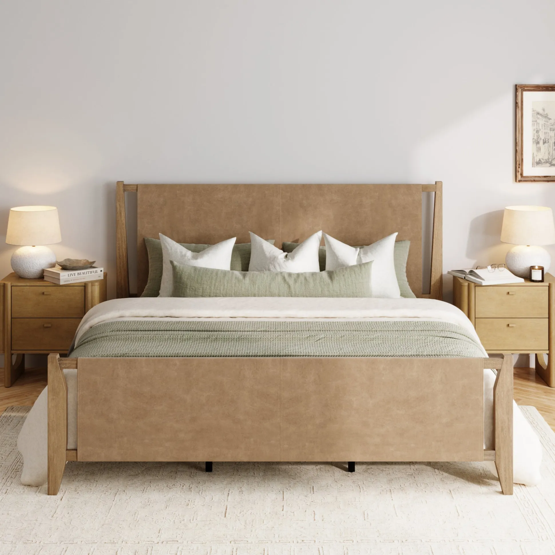 Wood & Faux Leather Bed Frame with Headboard Light Brown | Size King