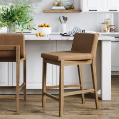 Wood Faux Leather Counter Height Bar Stool Light Brown