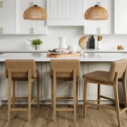 Wood Faux Leather Counter Height Bar Stool Light Brown