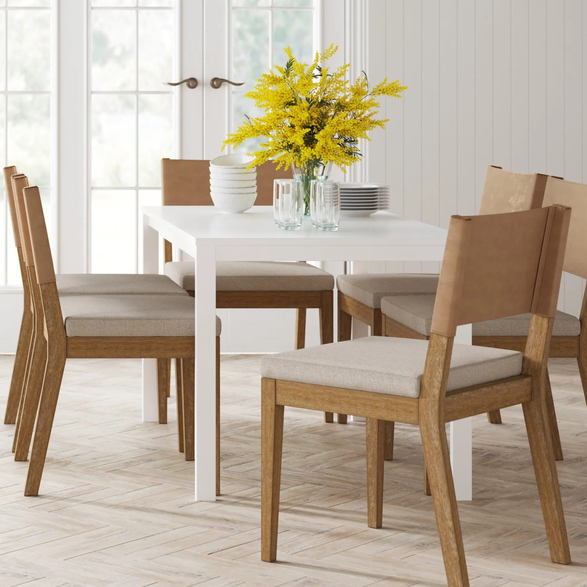 Wood & Faux Leather Dining Chairs Light Brown (Set of 6)
