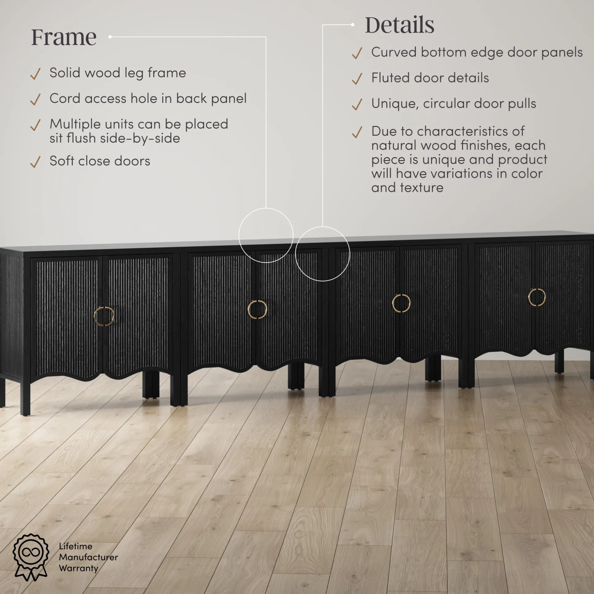 Wood Fluted Large Credenza Cabinet Black Oak (Set of 4)