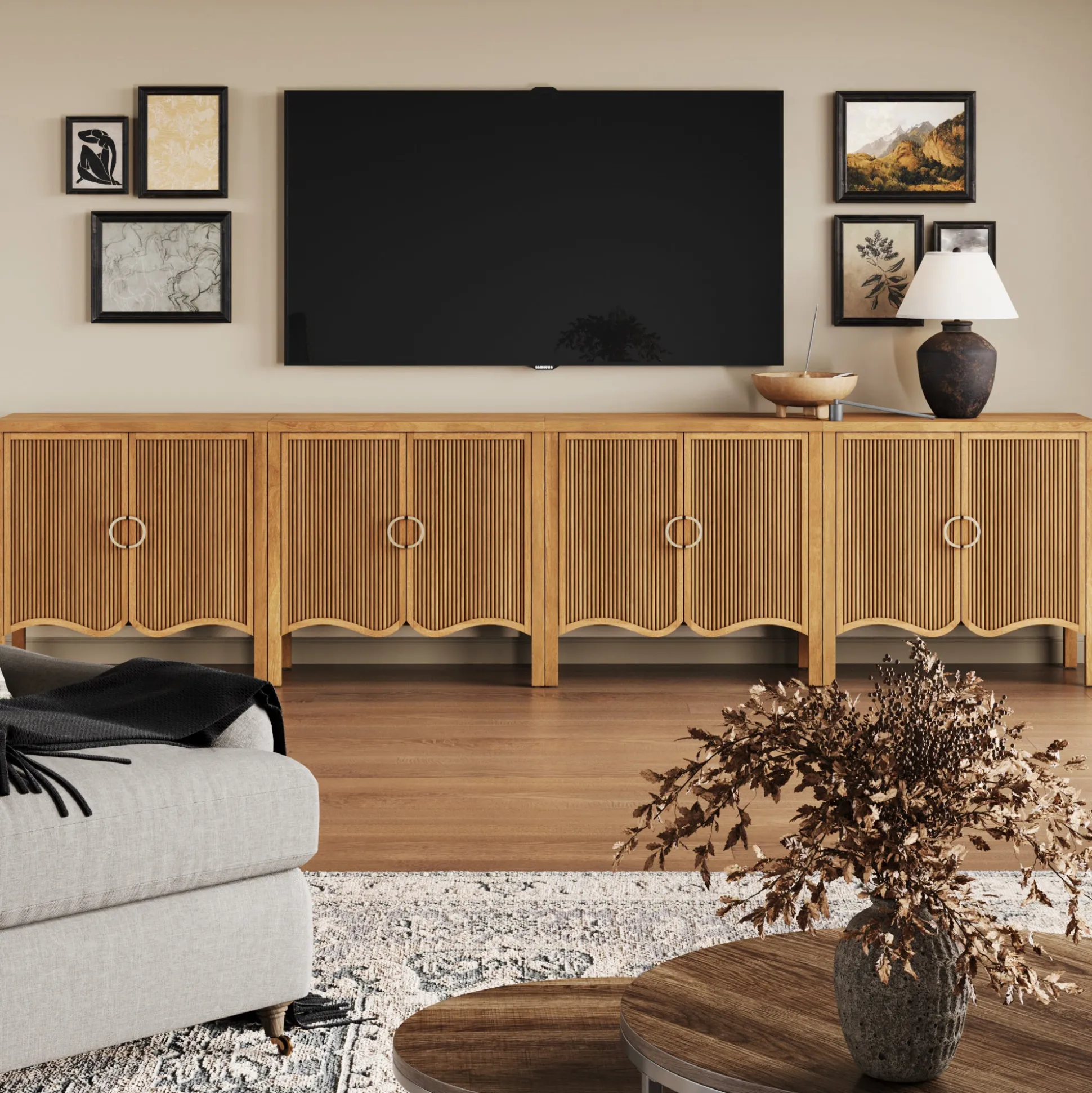 Wood Fluted Large Credenza Cabinet Light Brown (Set of 4)