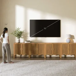 Wood Fluted Large Credenza Cabinet Light Brown (Set of 4)