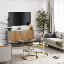 Wood Herringbone Storage Cabinet Credenza White (Set of 2)