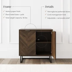 Wood Herringbone Storage Cabinet Credenza Walnut (Set of 2)