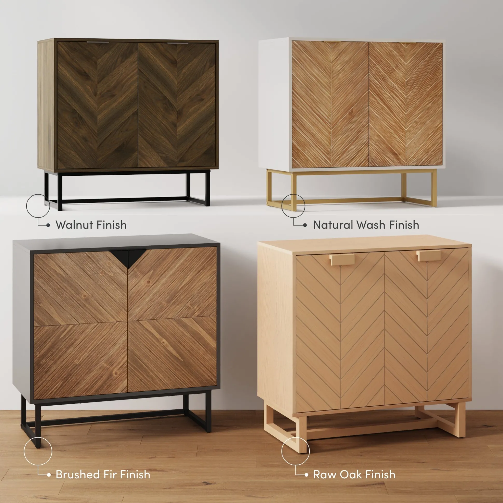Wood Herringbone Storage Cabinet Credenza Walnut (Set of 2)