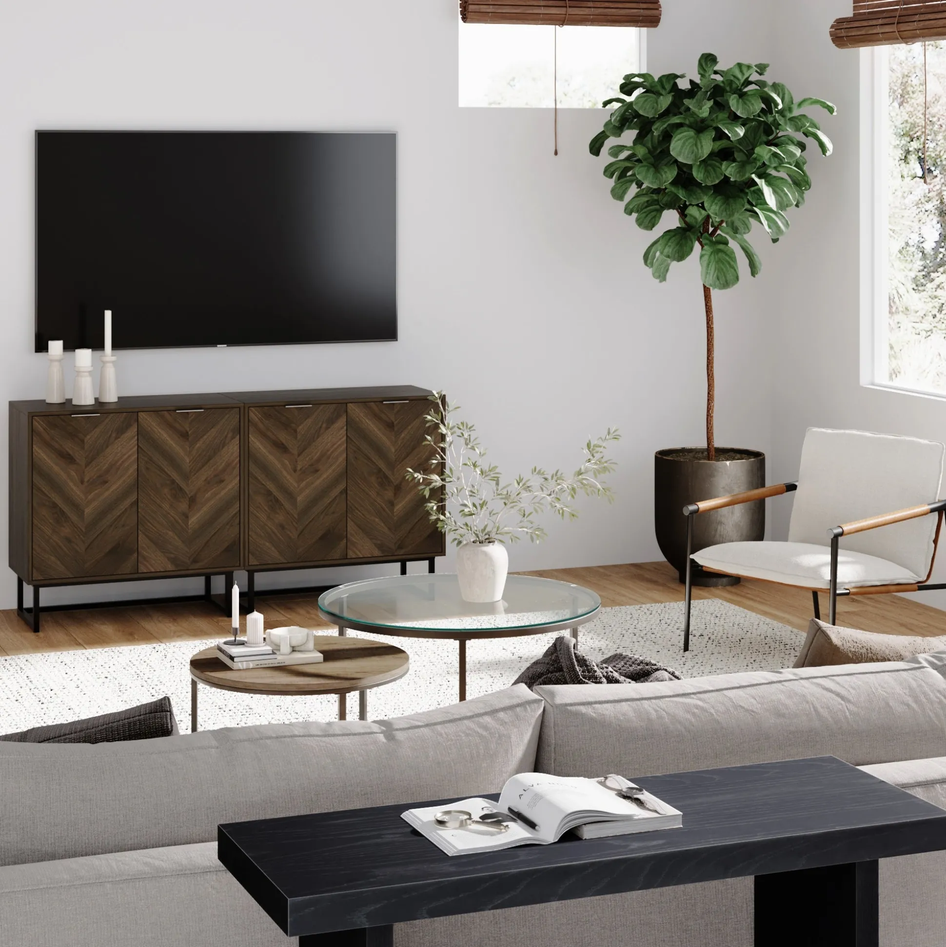 Wood Herringbone Storage Cabinet Credenza Walnut (Set of 2)