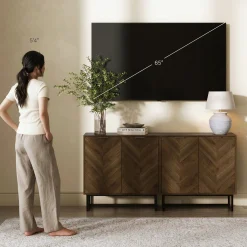 Wood Herringbone Storage Cabinet Credenza Walnut (Set of 2)