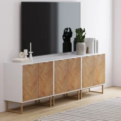 Wood Herringbone TV Console for TVs up to 75" Natural Wash/White