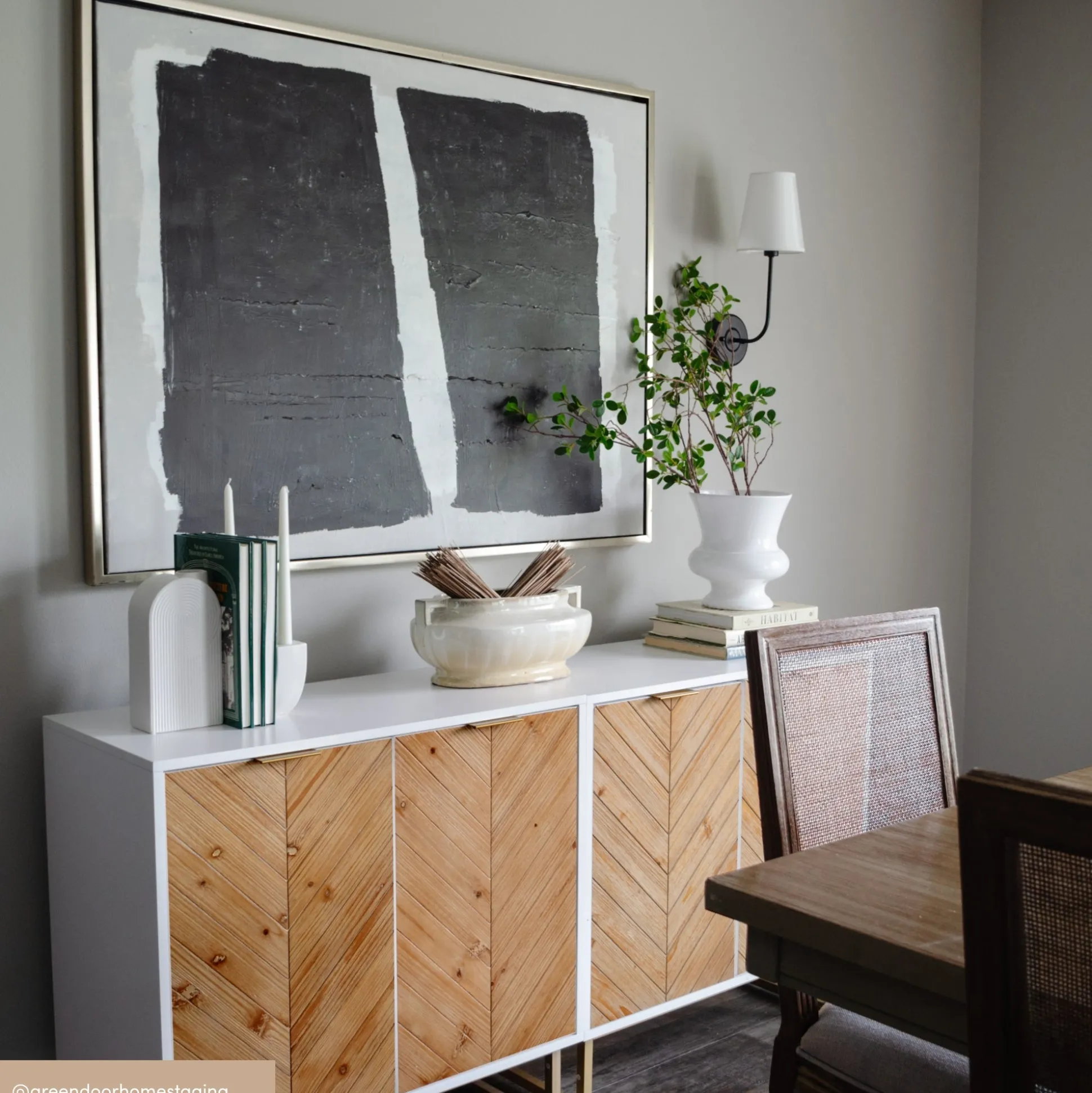 Wood Herringbone TV Console for TVs up to 75" Natural Wash/White
