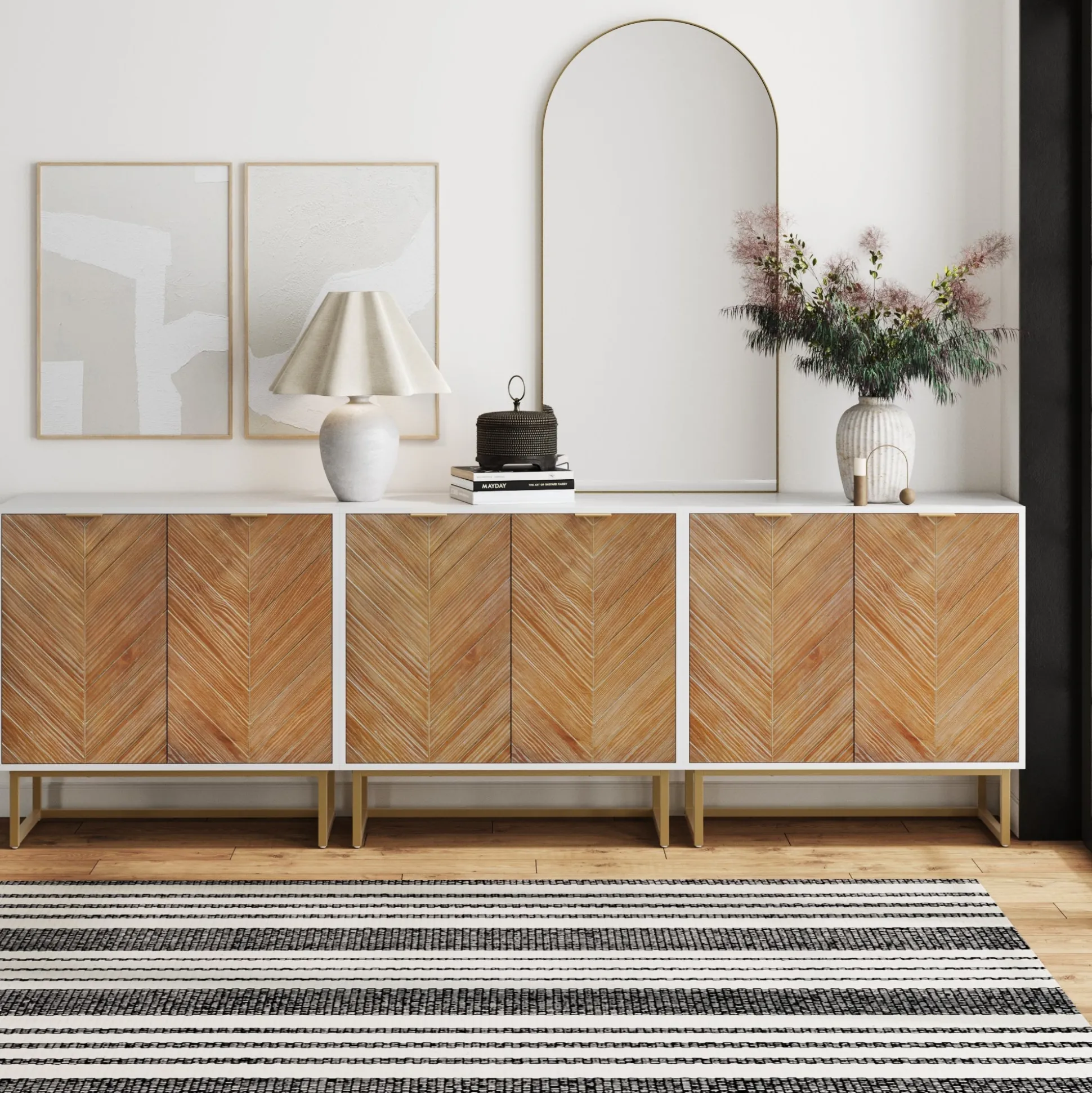 Wood Herringbone TV Console for TVs up to 75" Natural Wash/White