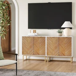 Wood Herringbone TV Console for TVs up to 65" Natural Wash/White