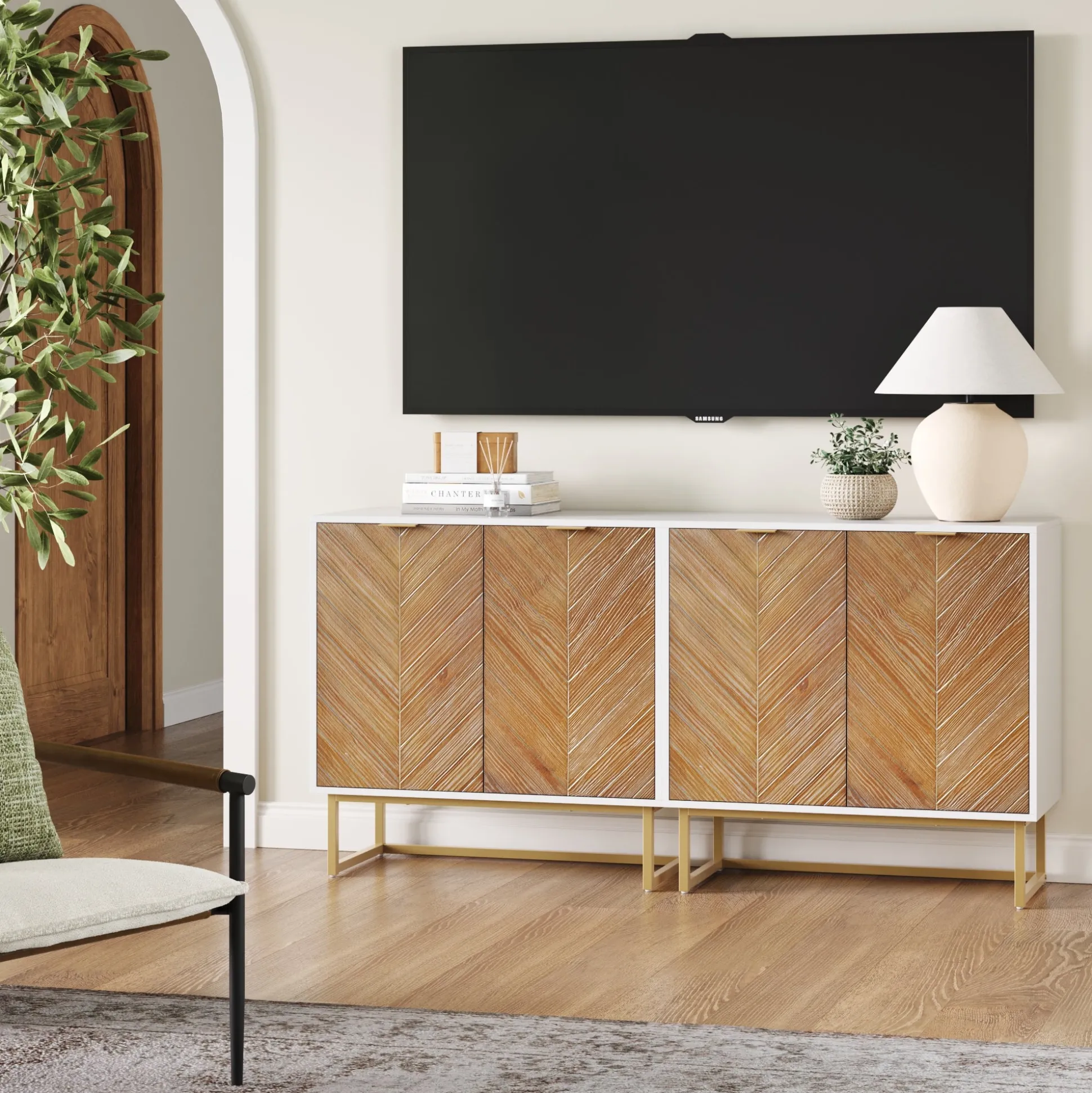 Wood Herringbone TV Console for TVs up to 65" Natural Wash/White