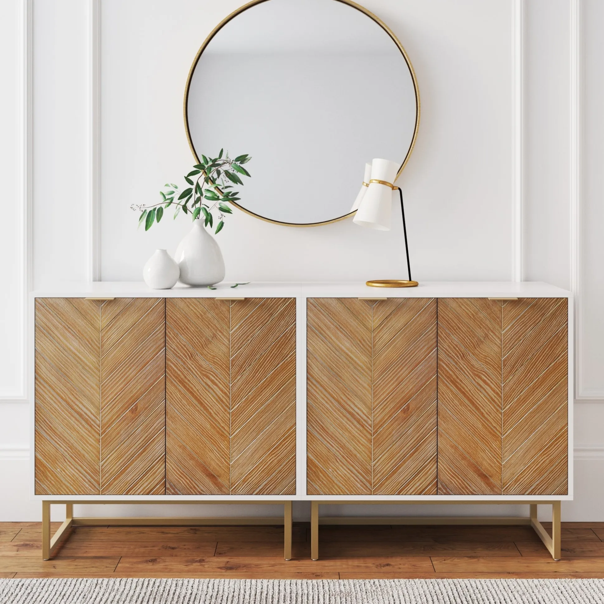 Wood Herringbone TV Console for TVs up to 65" Natural Wash/White