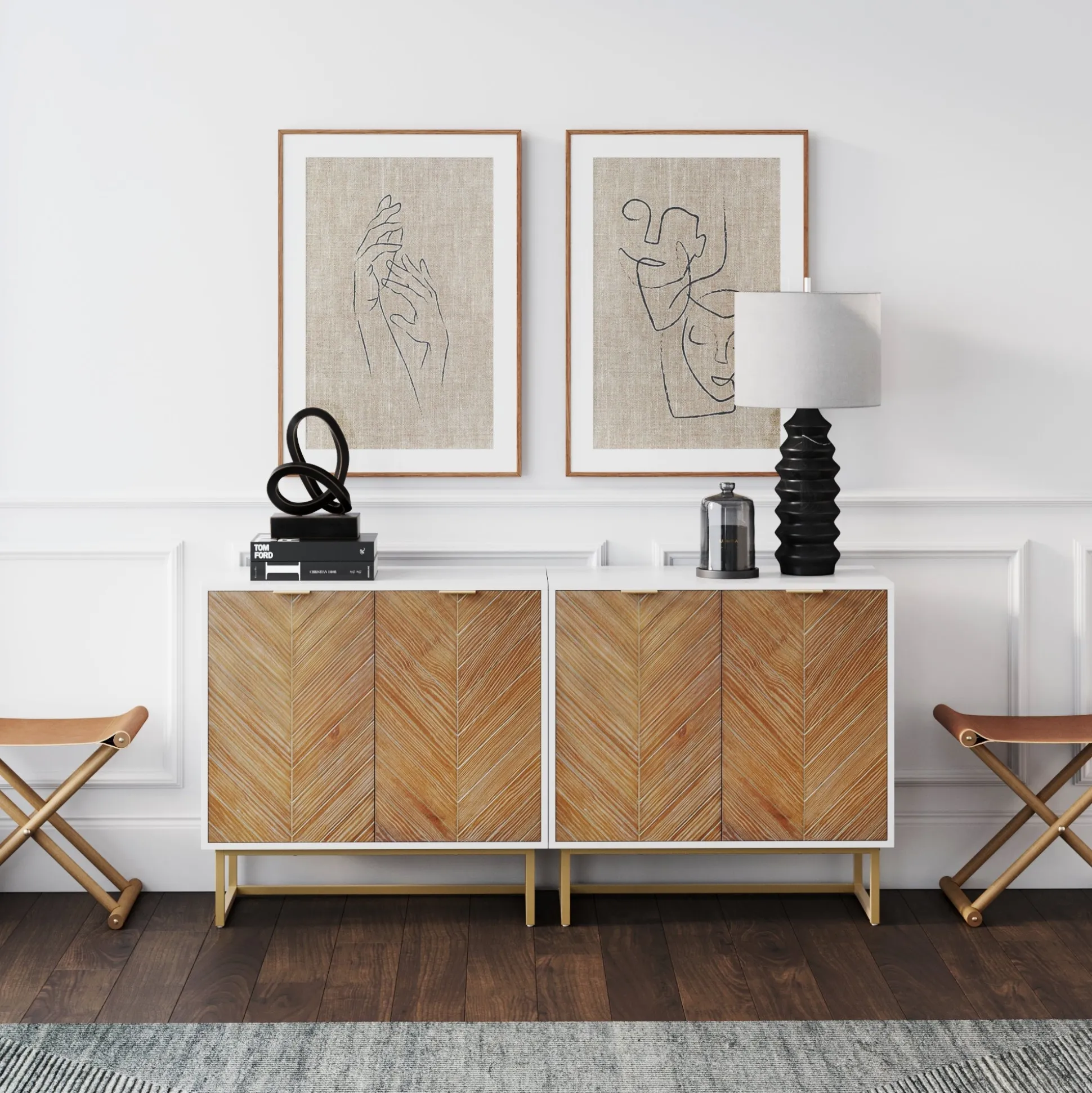 Wood Herringbone TV Console for TVs up to 65" Natural Wash/White