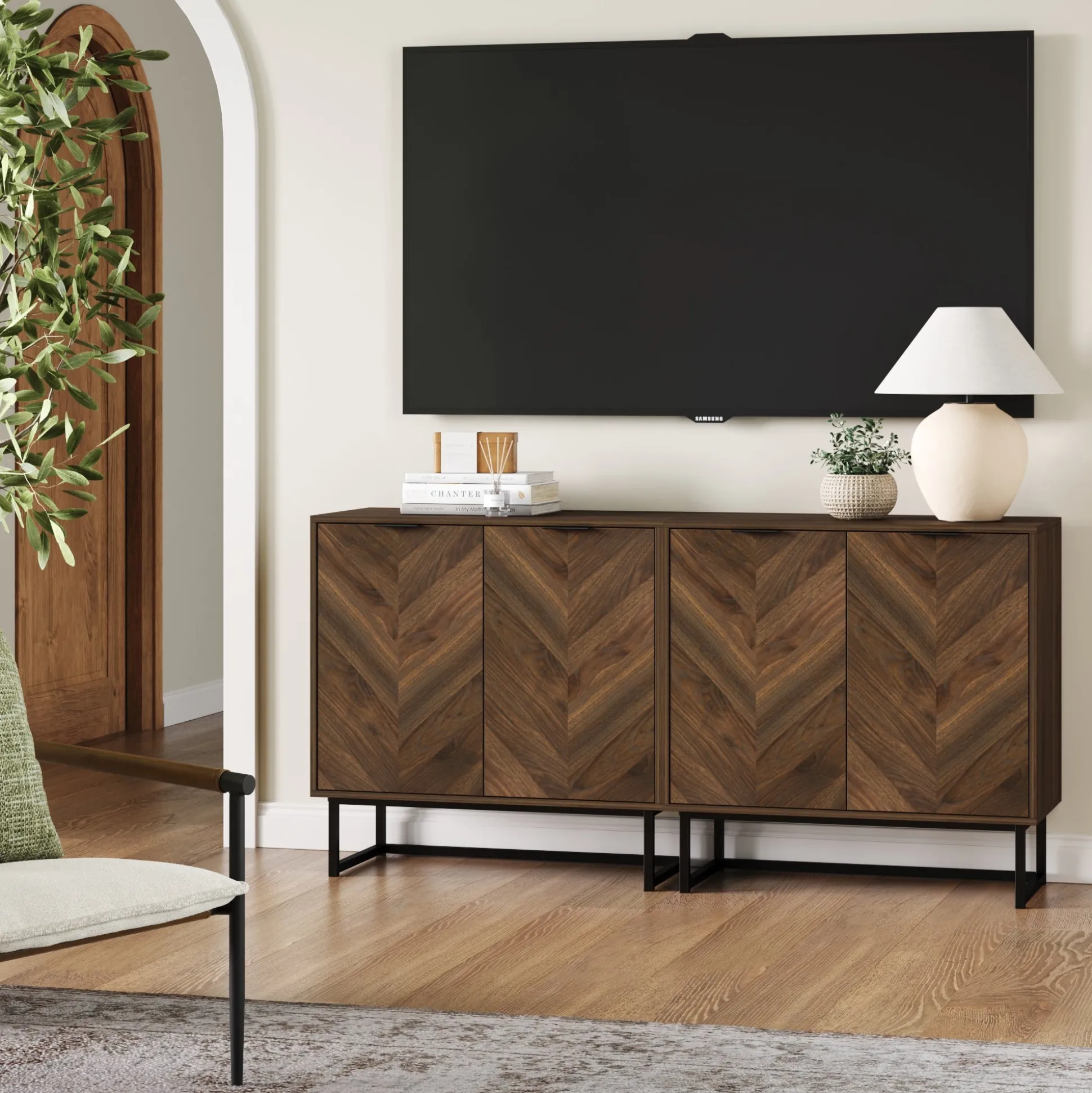 Wood Herringbone TV Console for TVs up to 65" Walnut