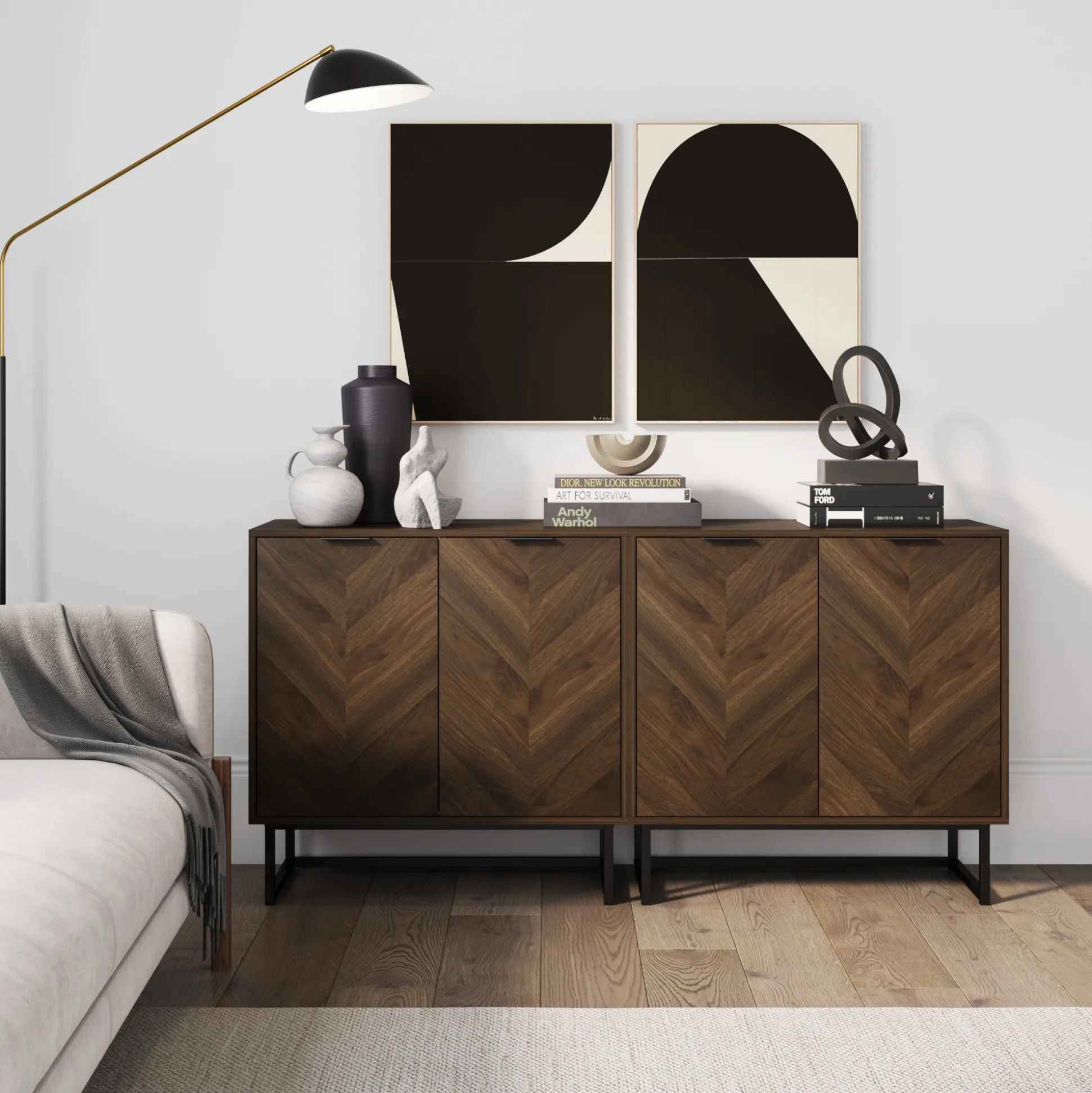 Wood Herringbone TV Console for TVs up to 65" Walnut