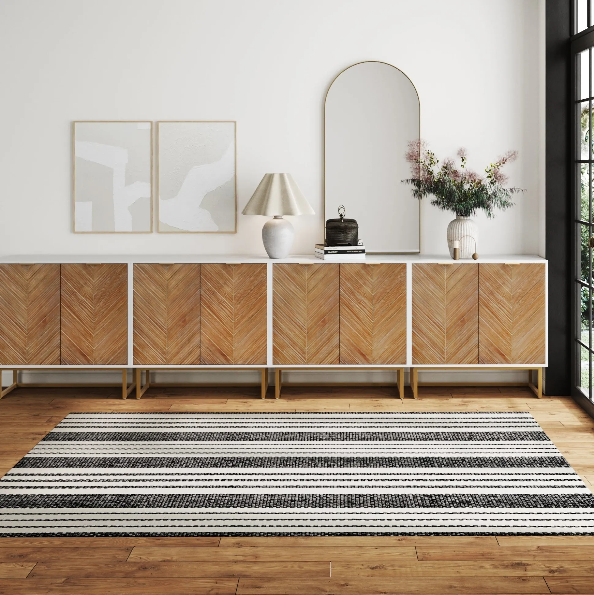 Wood Herringbone TV Console for TVs up to 100" Natural Wash/White