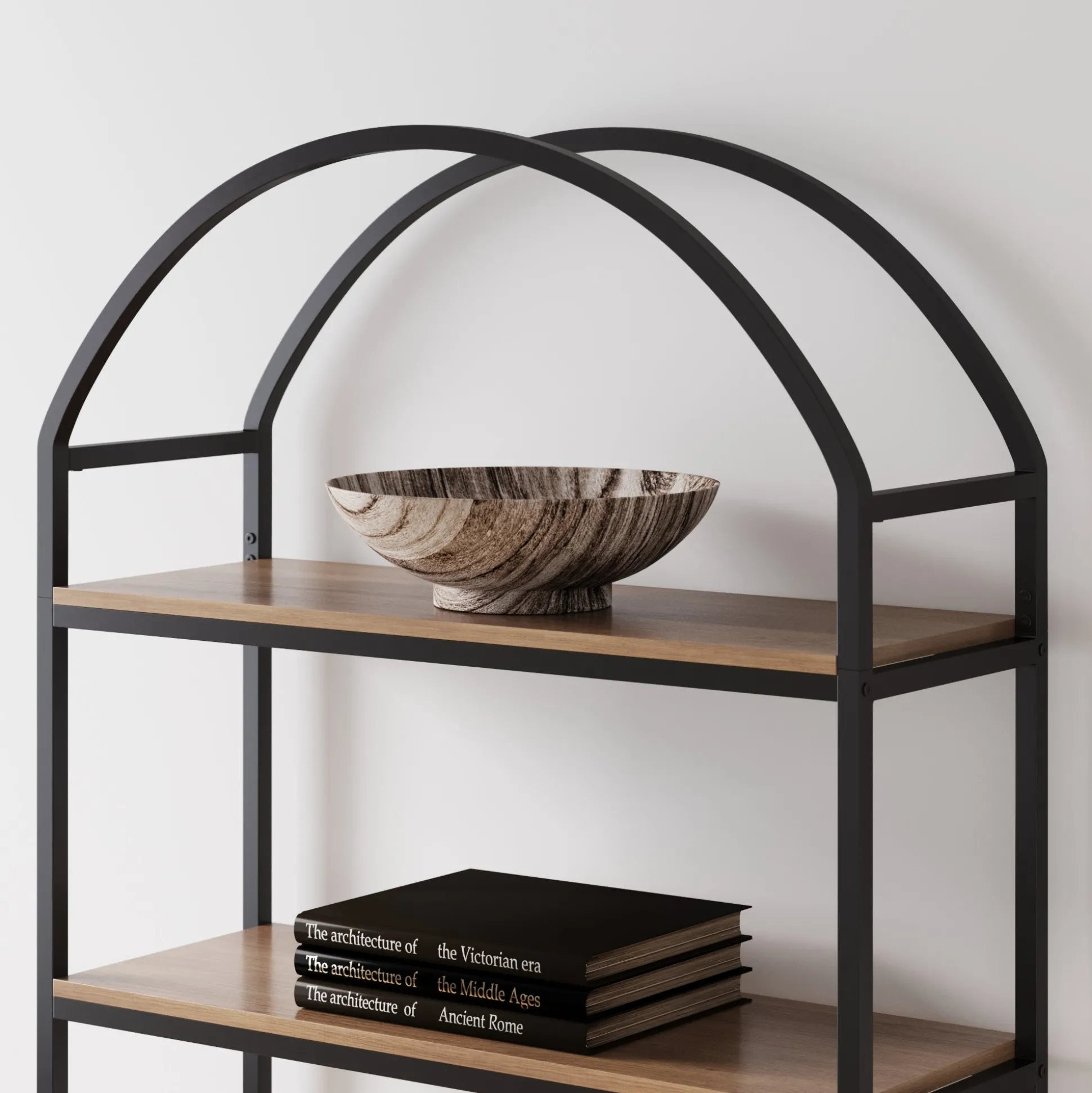 Wood & Metal 5-Shelf Arched Bookshelf Oak