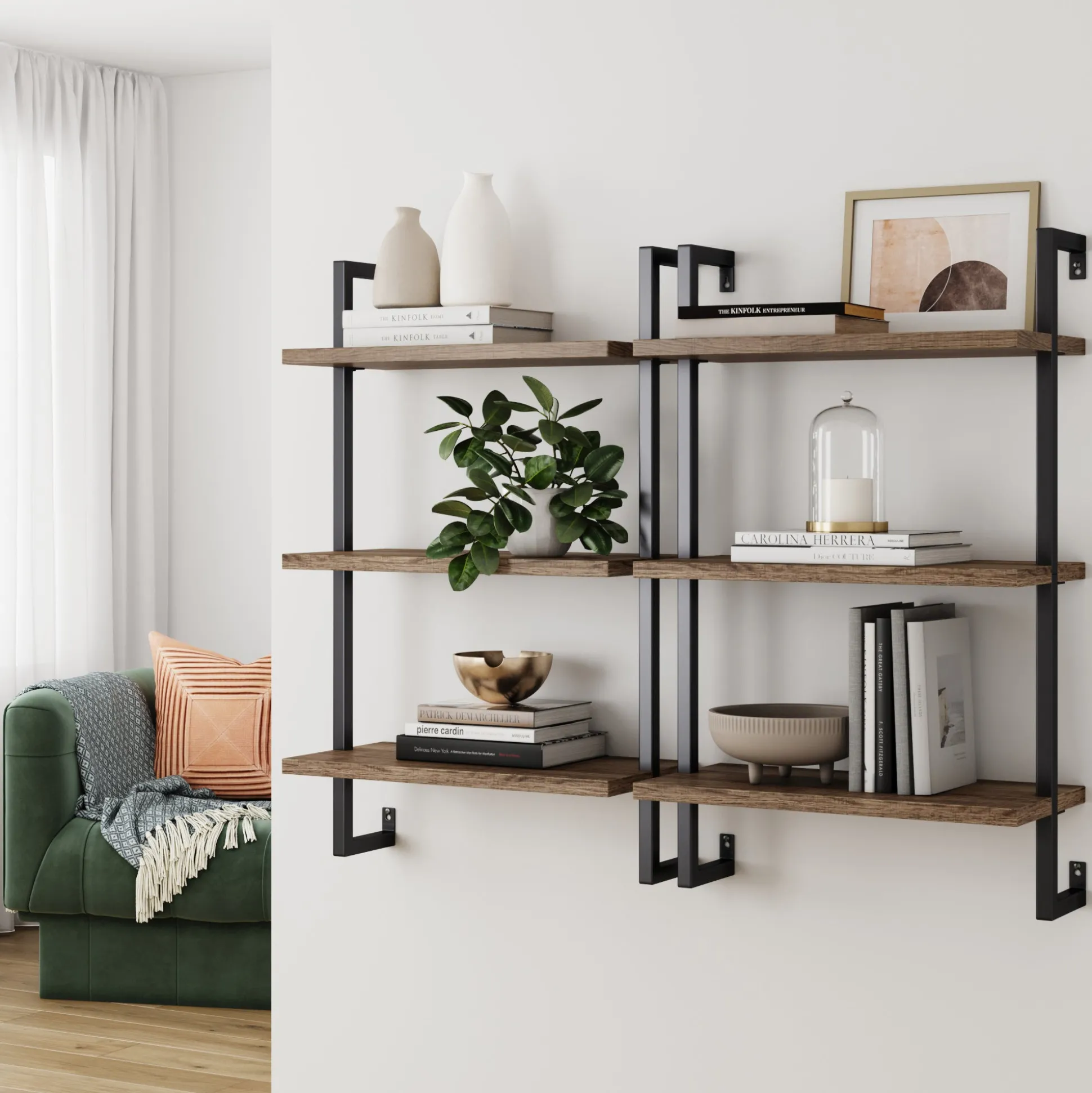 Wood & Metal 3-Shelf Floating Bookshelf Oak