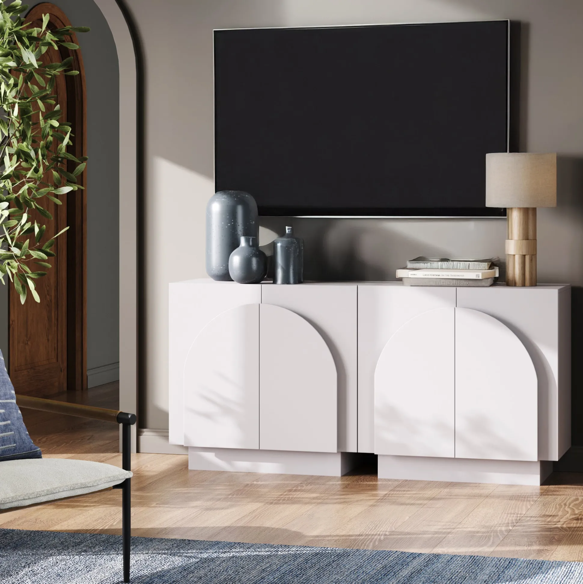 Wood Mid-Century Arched Cabinet Credenza White (2 Cabinets)