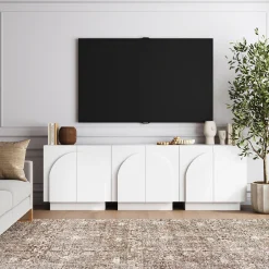 Wood Mid-Century Arched Cabinet Credenza White (3 Cabinets)