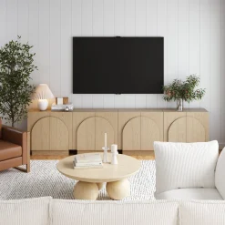 Wood Mid-Century Arched Credenza Cabinet Gray Oak (Set of 4)