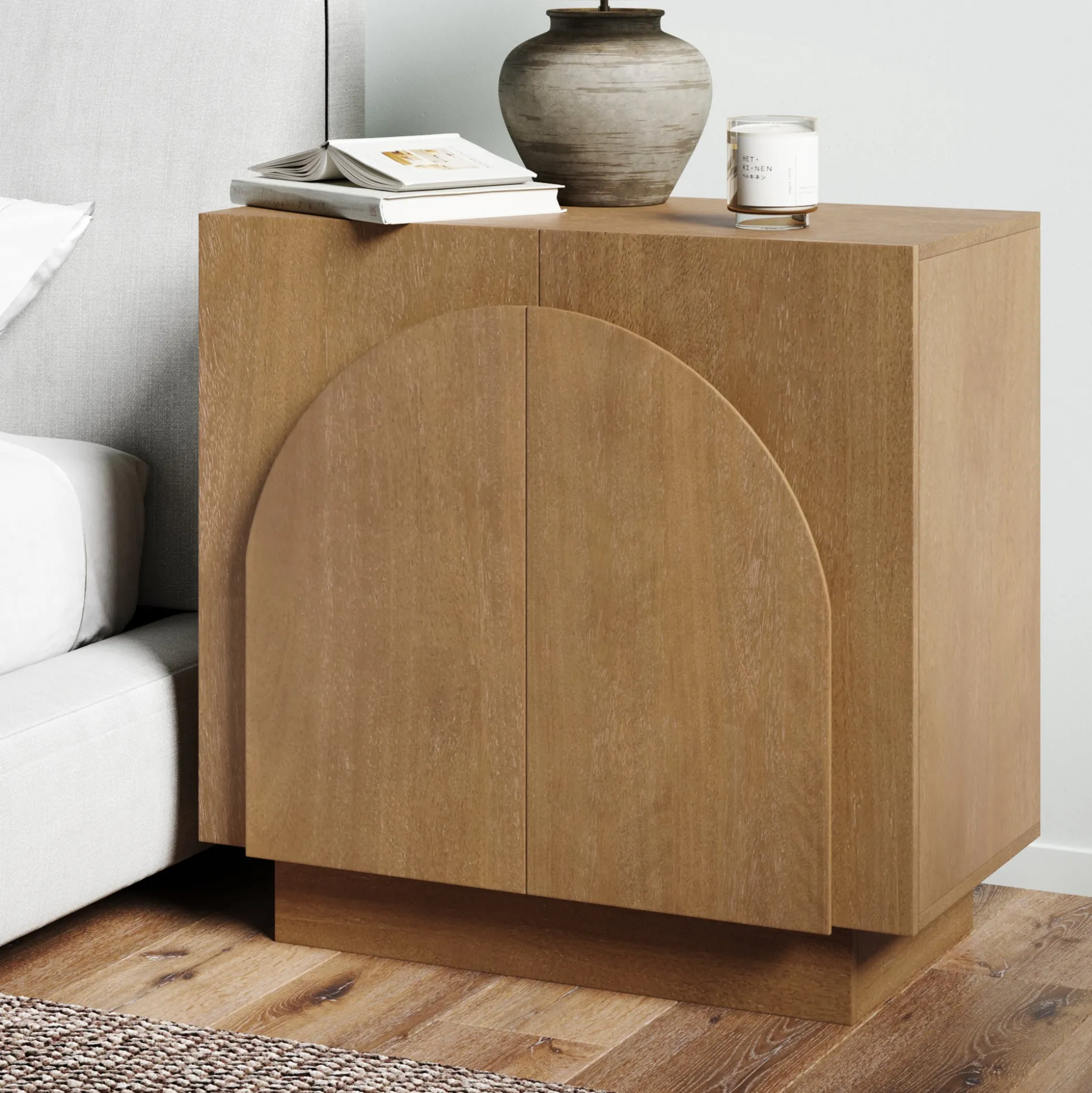 Wood Mid-Century Arched Storage Cabinet Light Brown