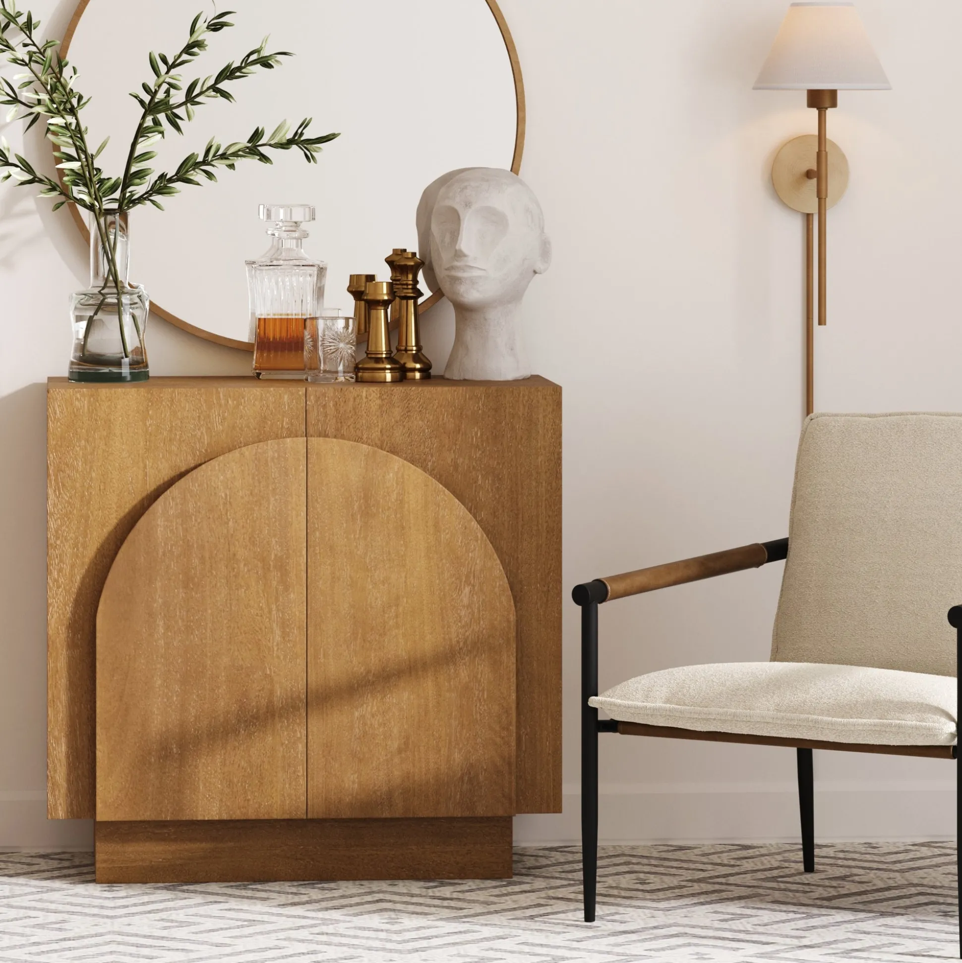 Wood Mid-Century Arched Storage Cabinet Light Brown