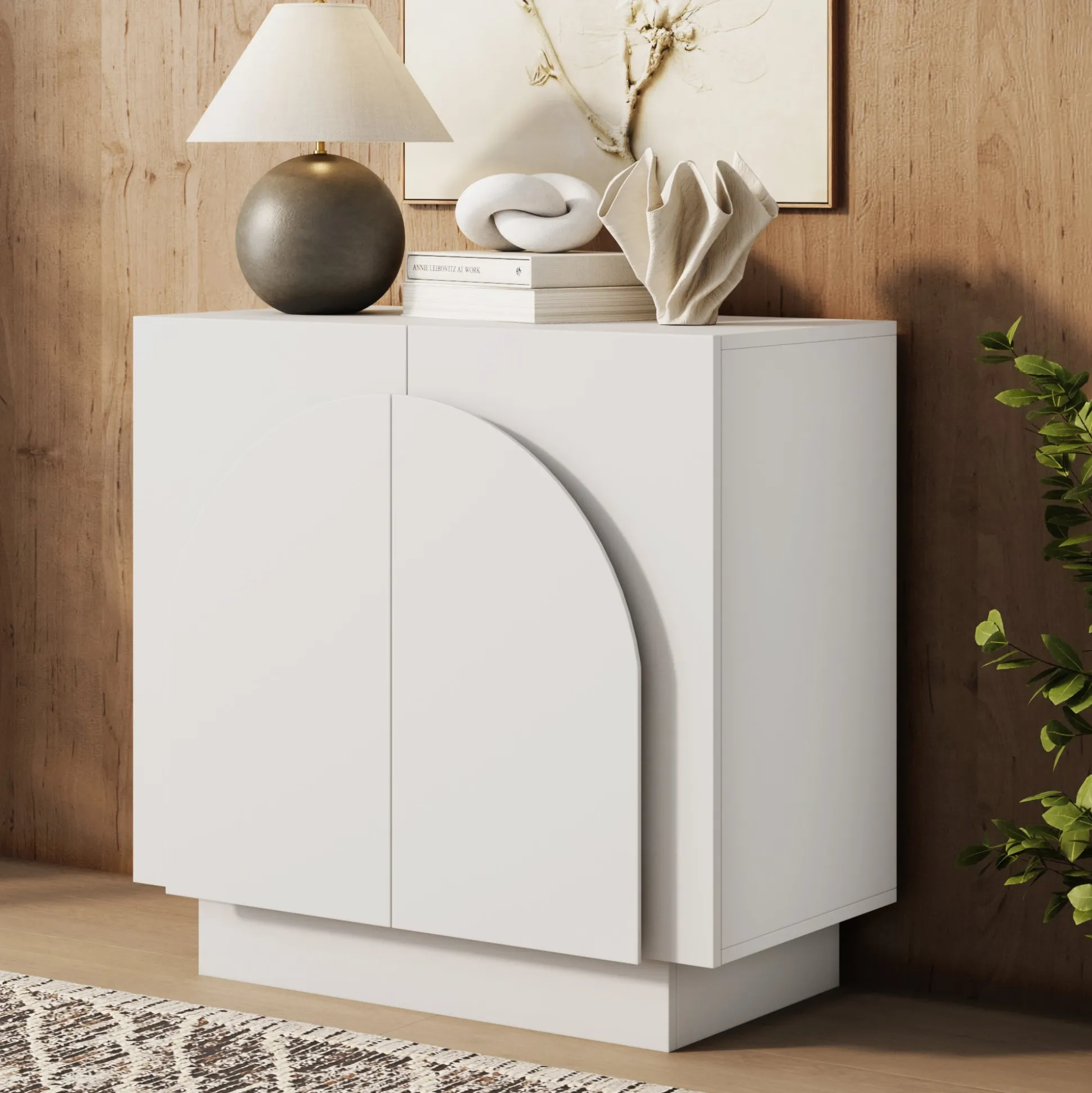 Wood Mid-Century Arched Storage Cabinet White