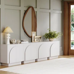 Wood Mid-Century Arched TV Console Credenza White (Set of 4)
