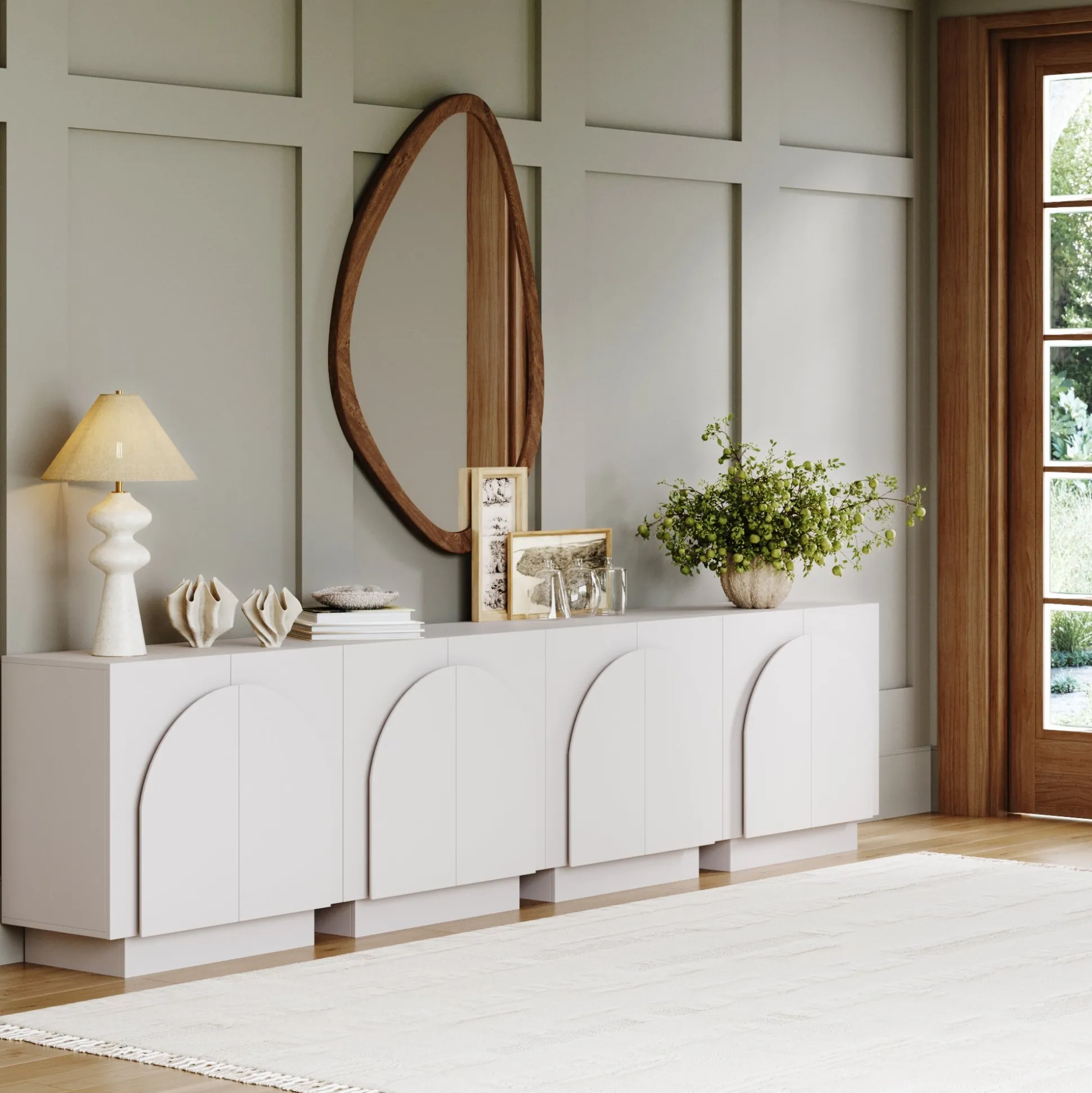 Wood Mid-Century Arched TV Console Credenza White (Set of 4)