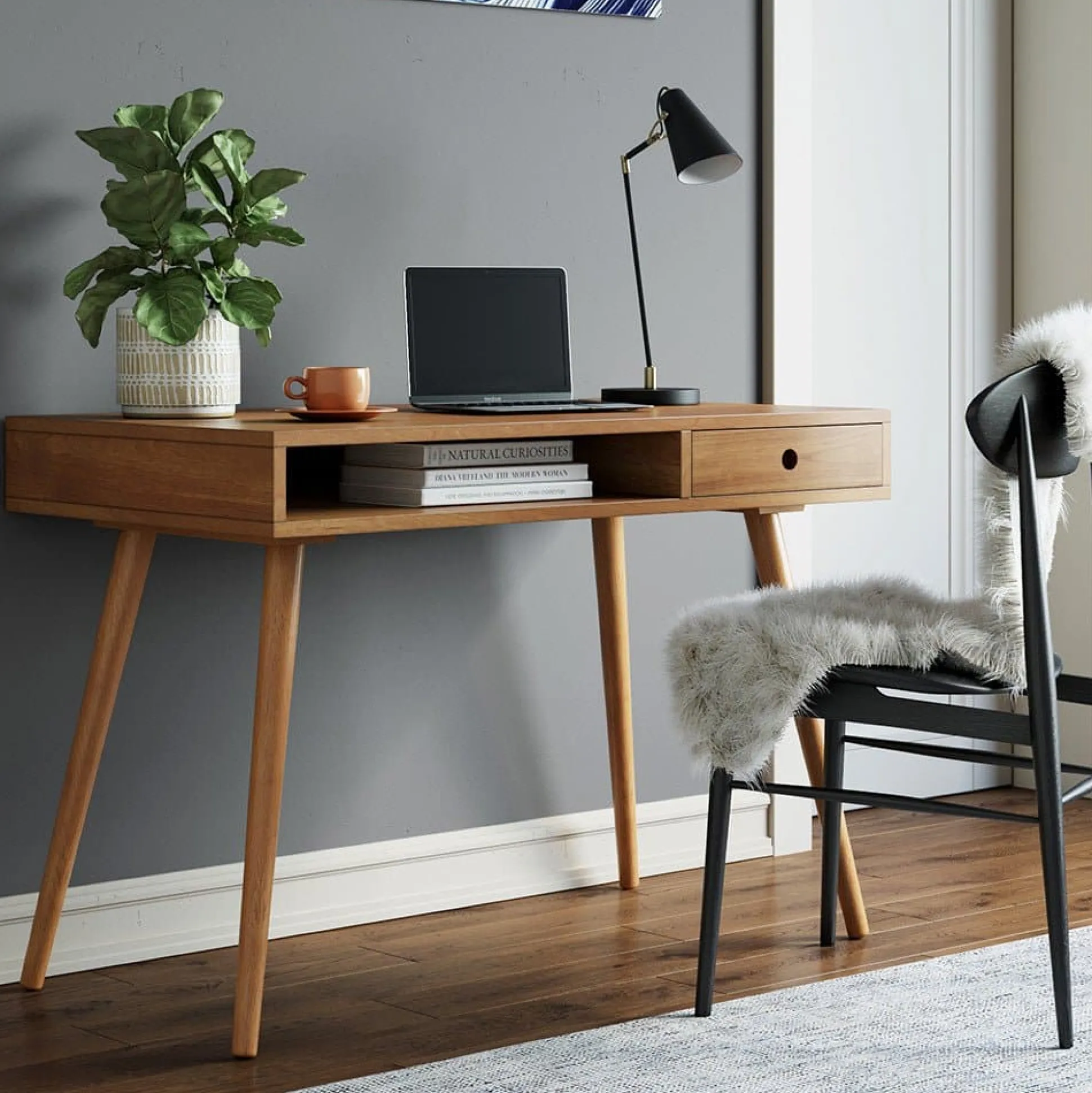 Wood Mid-Century Modern Writing Desk with Drawer