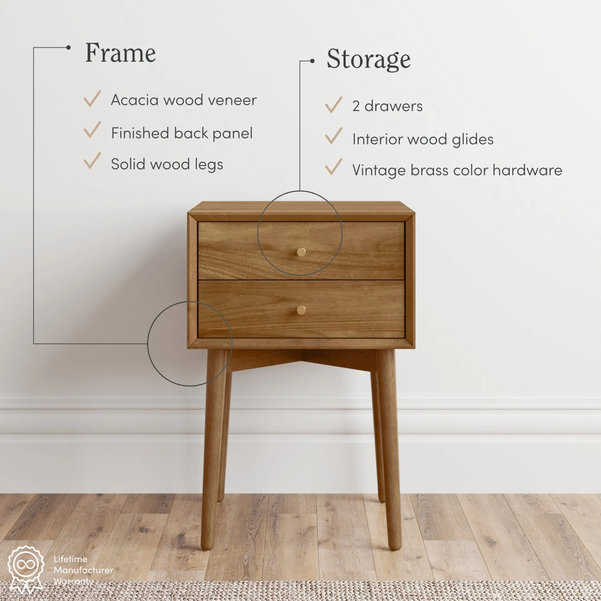 Wood Mid-Century Nightstands Acacia (Set of 2)