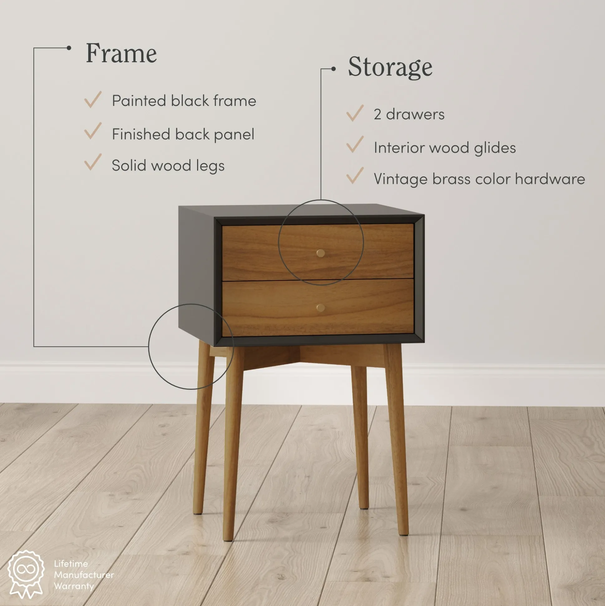 Wood Mid-Century Nightstands Black (Set of 2)
