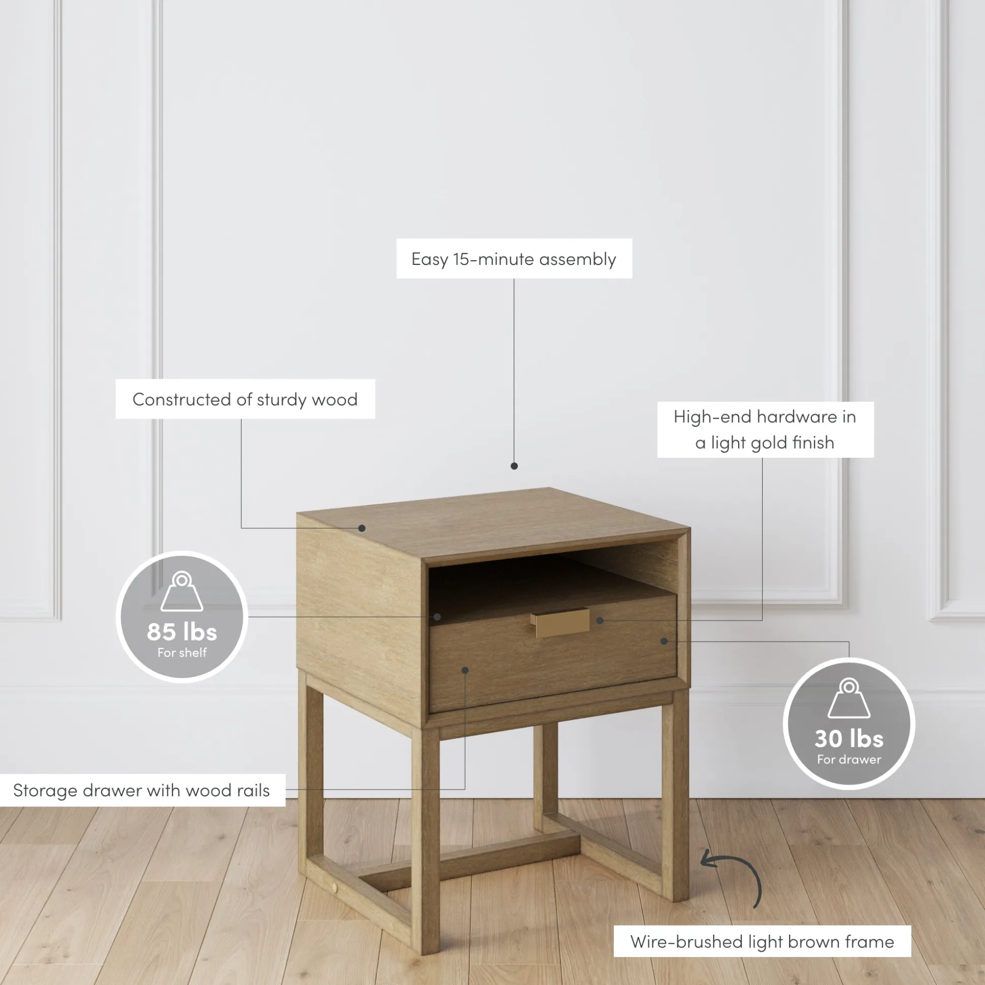 Wood Modern Farmhouse Nightstand with Drawer
