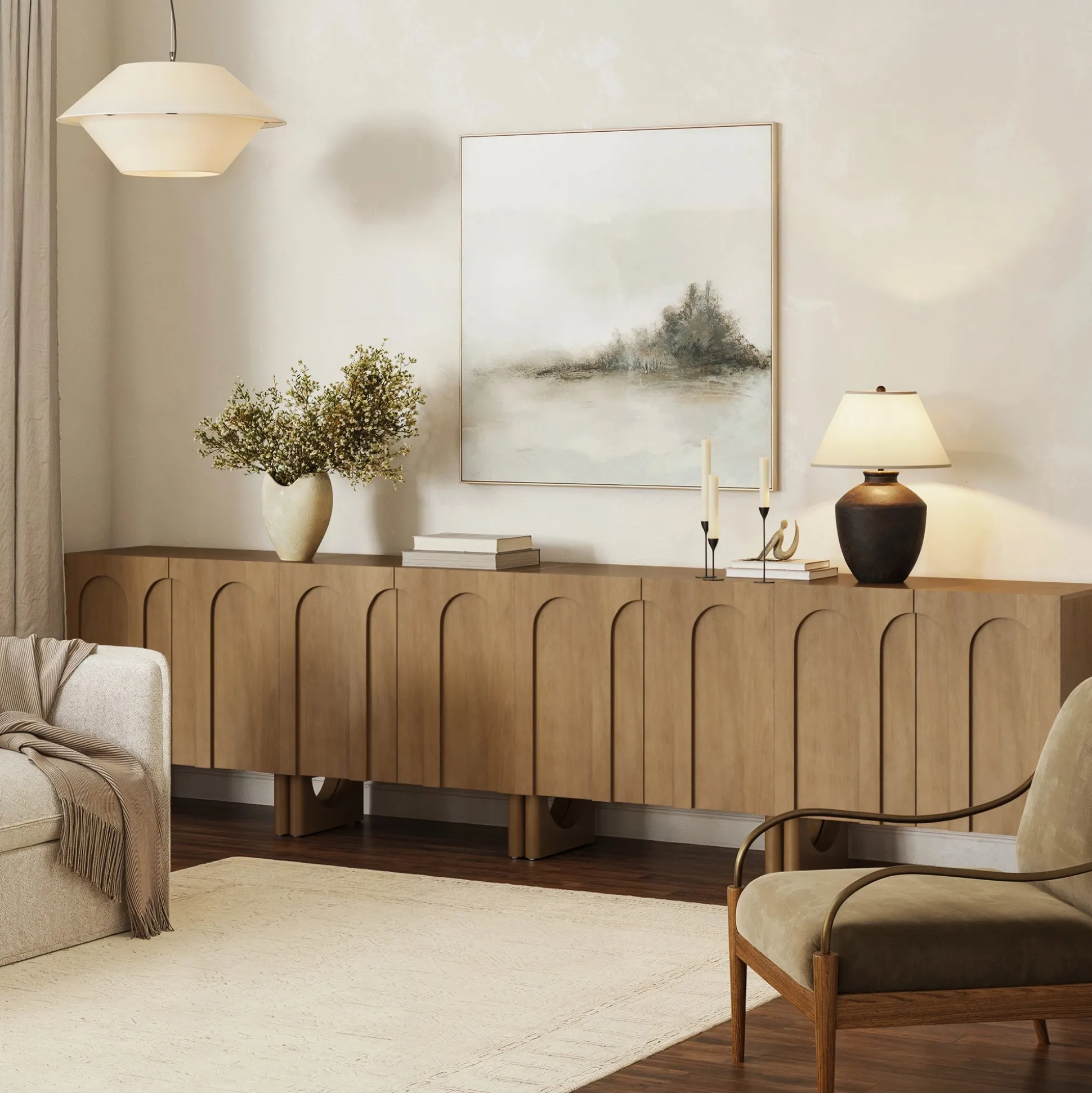 Wood Modular TV Console with Arched Doors for TVs up to 100" Light Brown