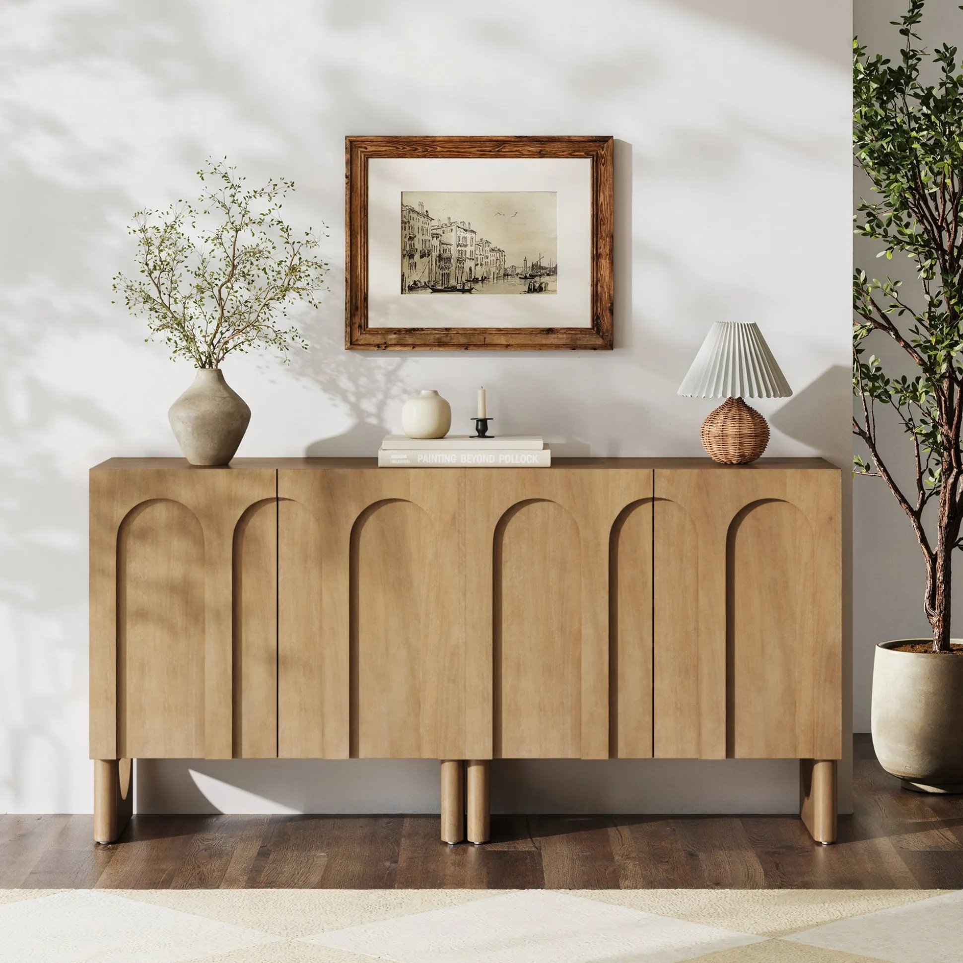 Wood Modular TV Console with Arched Doors for TVs up to 65" Light Brown