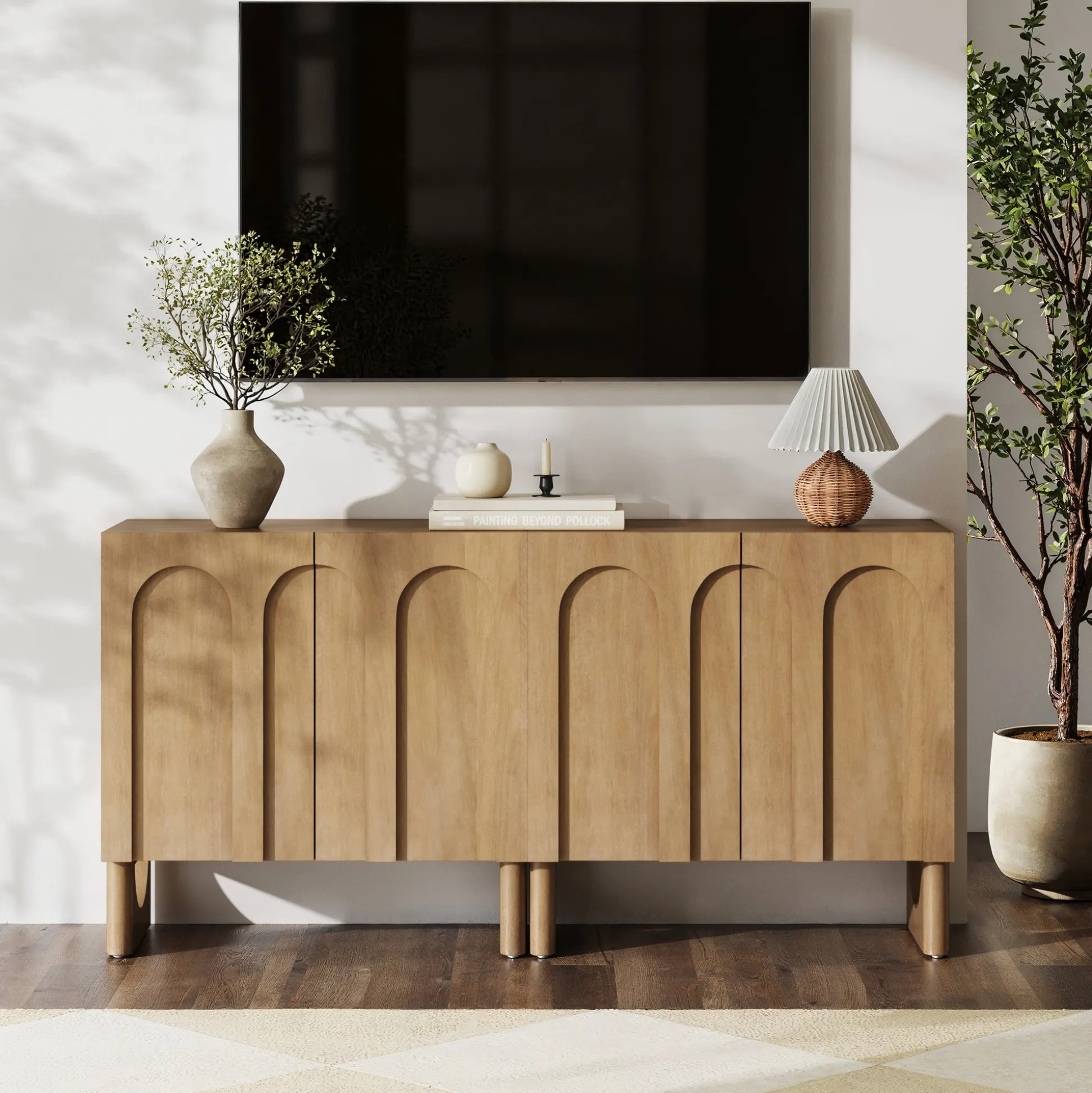 Wood Modular TV Console with Arched Doors for TVs up to 65" Light Brown